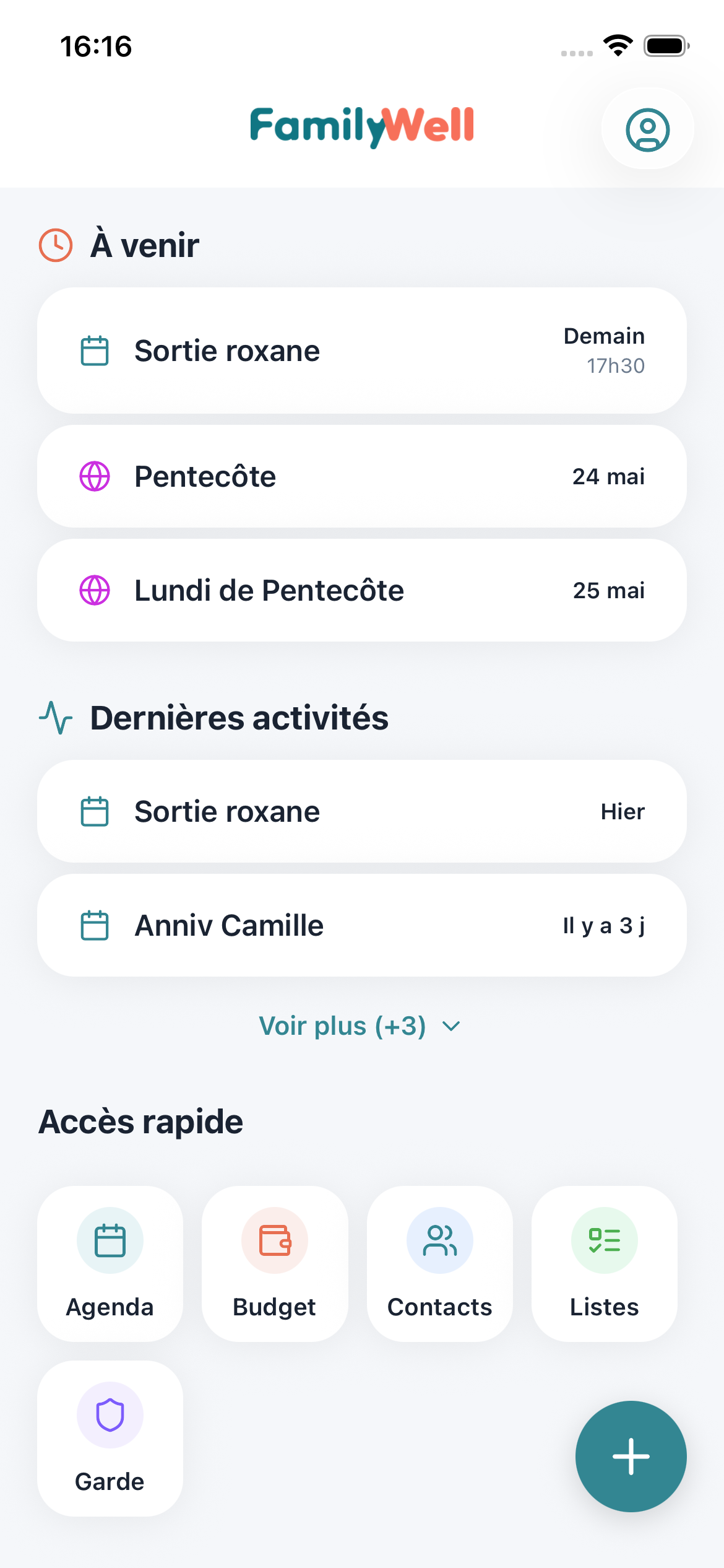 Tableau de bord intelligent FamilyWell avec vue d'ensemble du foyer