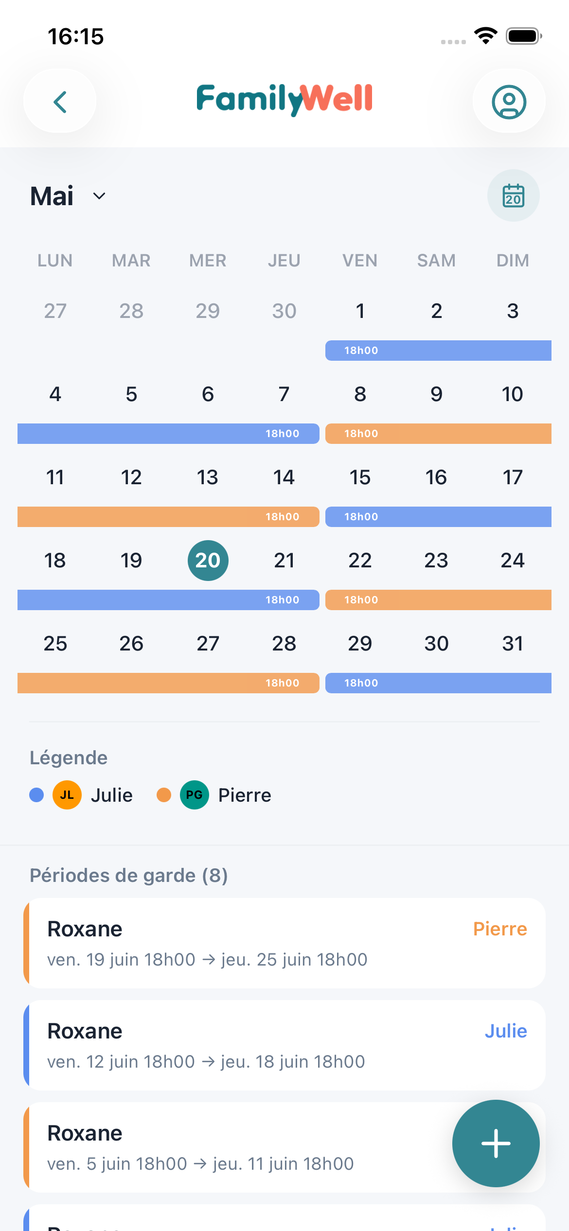 Calendrier de garde alternée dans FamilyWell — planning de garde par enfant avec notes de transition pour parents séparés sur Android