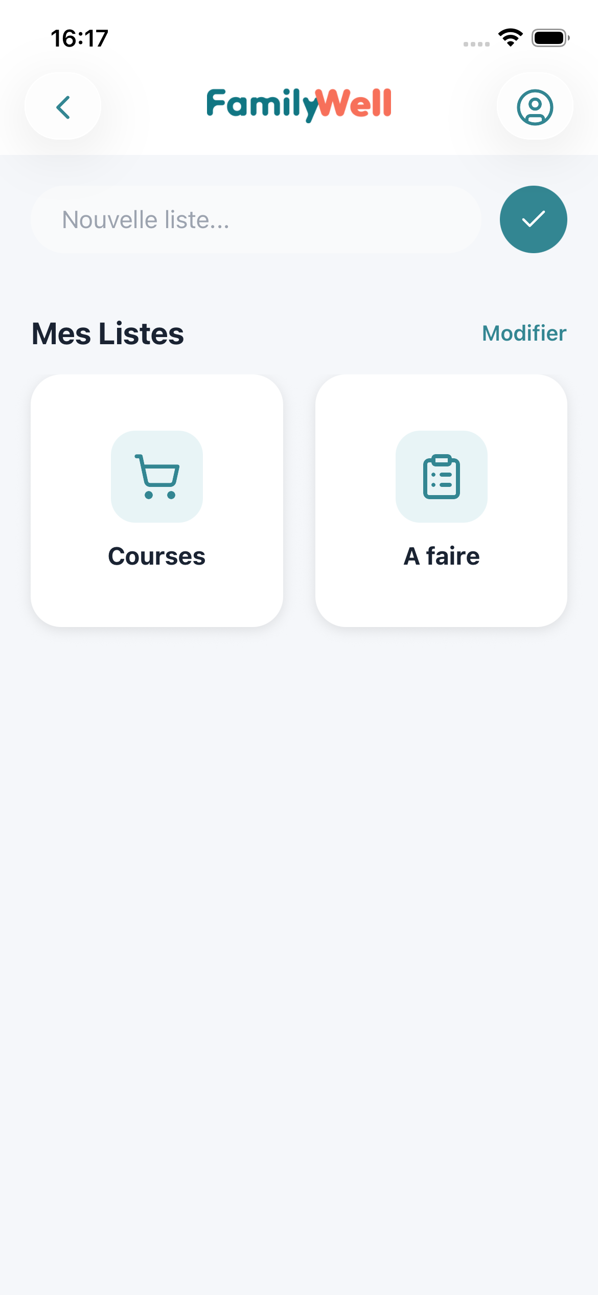Listes de tâches collaboratives FamilyWell — liste de courses partagée en temps réel avec suivi interactif entre membres de la famille sur iPhone